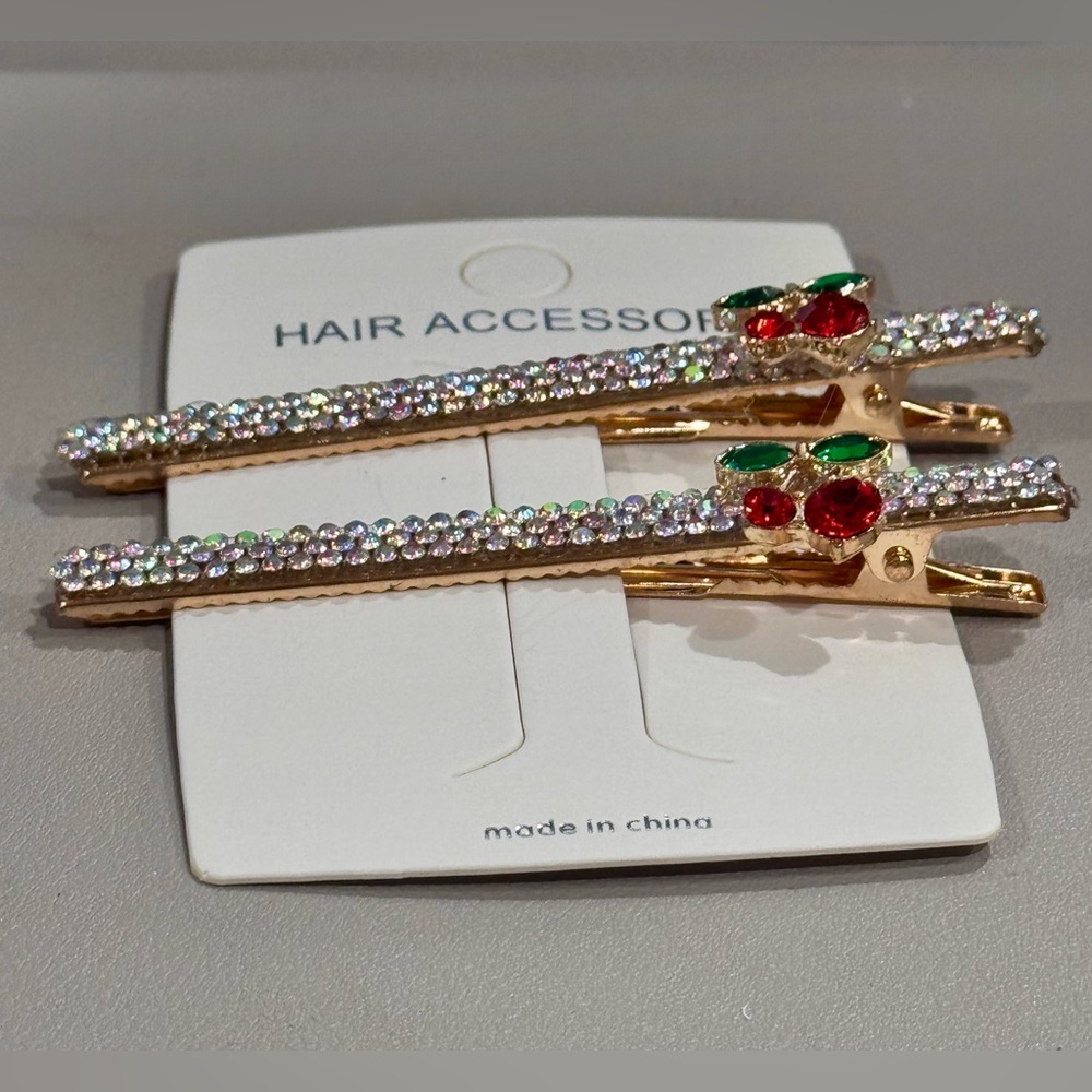 Cherry Hair Clips with Iridescent Sparkling Accents